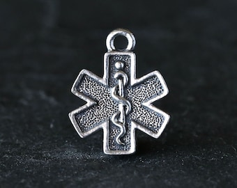 Silver EMS Symbol Charm, EMT Charm, Star of Life Charm, Emergency Medical Symbol, Finely Detailed, 19mm, Made in USA