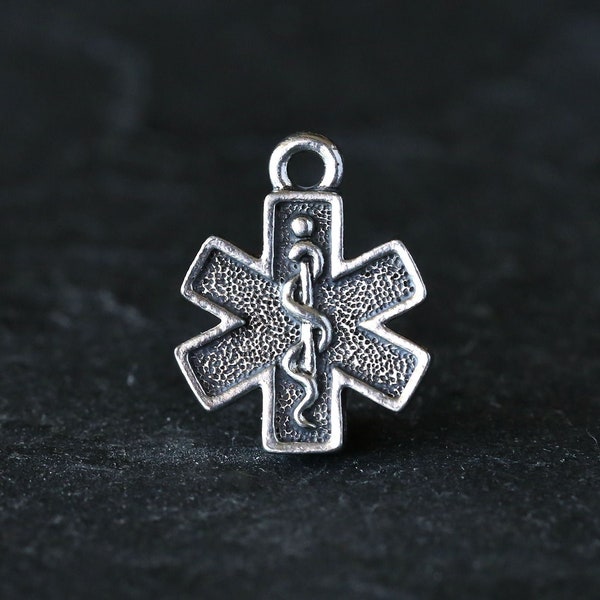 Silver EMS Symbol Charm, EMT Charm, Star of Life Charm, Emergency Medical Symbol, Finely Detailed, 19mm, Made in USA