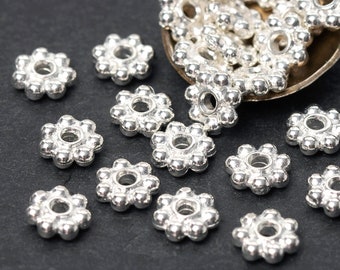 Espaciador de margarita con cuentas de plata de 5 mm, cuentas Heishi de flores TierraCast, espaciador redondo de plata brillante, cuentas de donut, fabricado en EE. UU.