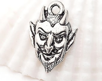 Silver Devil Head Charm, Antique Silver Devil Mask, Devil Face Charm, Small Demon Charm, Finely Detailed, 16mm, Made in USA