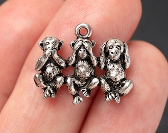 Dije de plata de los Tres Monos Sabios, 3 Monos de la Sabiduría, No ver, oír ni hablar el mal, fabricado en EE. UU., 19 mm