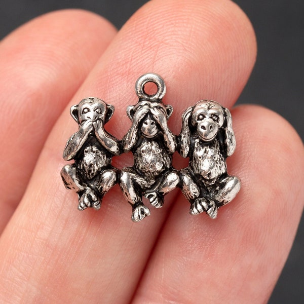 Silver Three Wise Monkeys Charm, 3 Monkeys of Wisdom, See No Evil, Hear No Evil, Speak No Evil, Made in USA, 19mm