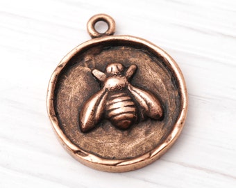 Copper Honey Bee Charm, Copper Round Bee Pendant, Garden Charm, Antique Copper Bee, Made in the USA, 20mm