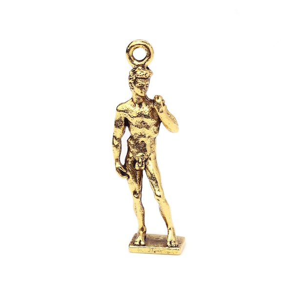 Gold  Statue of David Charm, Michelangelo Sculpture Pendant, Greek Roman Mythology, Art History Charm, 24K Gold Plated, Made in USA, 30mm