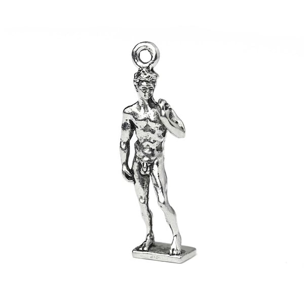 Silver Statue of David Charm, Michelangelo Sculpture Pendant, Greek Roman Mythology, Art History Charm, Silver Plated, Made in USA, 30mm