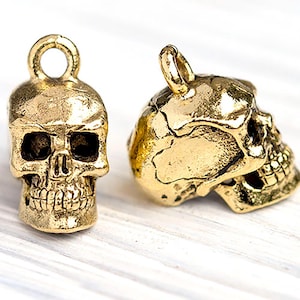 3D Skull Charm, Gold Skull Charm, Spooky Charm, Skull Pendant, Antique Gold, Made in the USA, 15x8mm