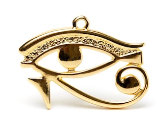Gold Eye of Horus, The Eye of Ra Pendant, Protection Amulet, Egyptian Symbol Jewelry, Two Sided, 24K Gold Plated, Made in Europe, 30mm