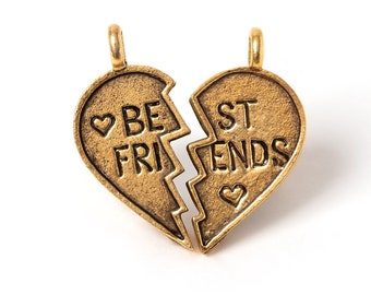 Gold Best Friends Split Heart - 2 Pcs Pendant, Antique Gold BFF Heart, Friendship Pendant, Made in USA, 22mm
