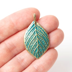 Verdigris Leaf Pendant, Bronze and Green Patina Leaf, Large Double Sided Leaf Pendant, Leaf Drop, Made in Europe, 36x20mm