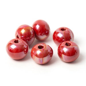 12mm Glazed Ceramic Ball Beads, Enamel Ceramic Round Beads, Large Hole Beads, Carmine Red Porcelain Beads, Made in Europe