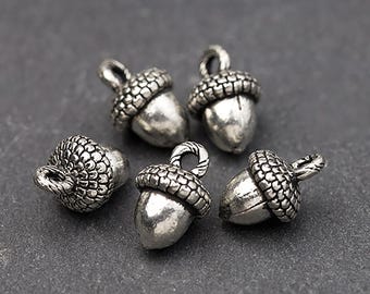 May include: Five silver-colored acorn charms. Each charm features a detailed cap and a smooth, rounded body. The charms are designed for jewelry making or crafting projects. The acorns are small and have a loop for attaching to a chain or other material.
