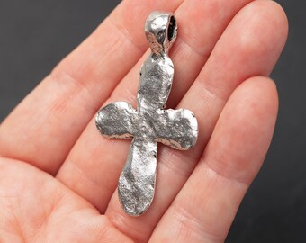 Large Silver Cross Pendant, Silver Hammered Cross Pendant, Ancient Cross with Bail Pendant, Rustic Antique Silver Cross, Made in USA, 48mm