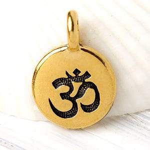 Gold Round Om Charm, Small Om Symbol Charm, TierraCast Zen Charm, Meditation, Yoga, Aum Charm, Gold Plated, Made in the USA, 17mm