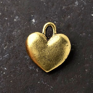 Golden Heart Charm, Puffy Heart Charm, Antique Gold Heart, Small Heart Drop, Love & Friendship Charm, 3Dimensional, Made in USA, 12mm