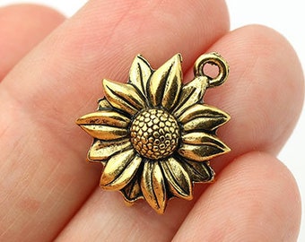 Gold Sunflower Charm, Daisy Flower Charm, Gold Flower Charm, Floral, Garden, Nature Beauty Charm, 19mm, 24K Gold Plated, Made in USA — AB101