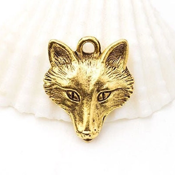 Gold Fox Charm, Gold Fox Head Charm, Finely Detailed, Antique Gold, Made in USA, 17mm