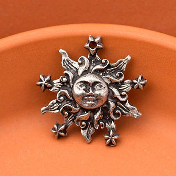 Silver Sun Charm, Sun and Stars Charm, Astrological Charm, Antique Silver Celestial Charm, 21mm, Made in USA