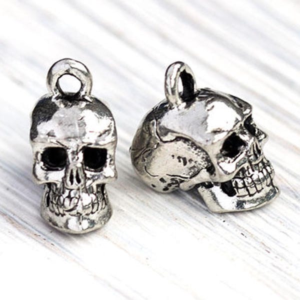 3D Skull Charm, Silver Skull Charm, Spooky Charm, Skull Pendant, Antique Silver, Made in the USA, 15x8mm