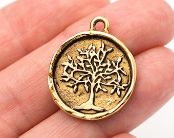 Gold Tree of Life Charm, Antique Gold Tree of Life Pendant, Made in the USA, 20mm