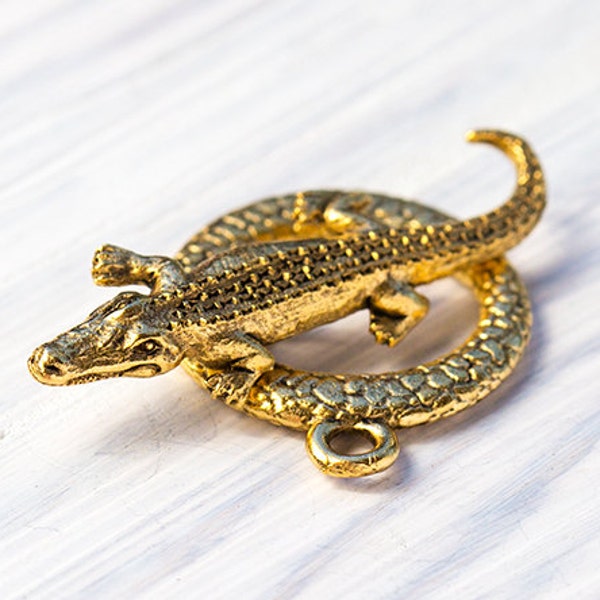 Gold Alligator Toggle Clasp, 24K Gold Plated Crocodile, Tropical Toggle Clasp, Antique Gold, Made in the USA — AB54AG