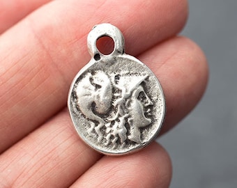 Silver Goddess Athena Charm, Silver Coin Charm, Replica Greek Coin, Antique Silver Athena Charm, 16x20mm, Metal Casting, Made in Europe