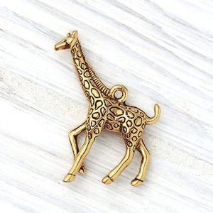 Gold Giraffe Charm, 3 Dimensional, Finely Detailed, Antique Gold Wild Animal Charm, Made in the USA, 28mm
