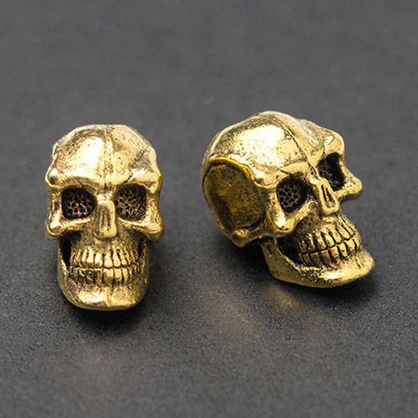 3D Skull Beads, Small Gold Skull Beads, Spooky Beads, Vertical Hole, Antique Gold, Made in the USA, 8x6mm