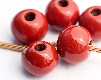 20mm Large Vermilion Red Ball, Large Hole Glazed Beads, Enamel Ceramic Beads, Mykonos Greek – MK123/28