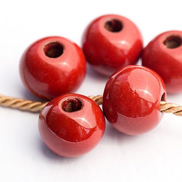 Grande boule rouge vermillon de 20 mm, perles vitrées à grand trou, perles en céramique émaillée, grec Mykonos – MK123/28