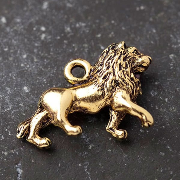 Gold Lion Charm, 3 Dimensional, Finely Detailed, Antique Gold Wild Animal Charm, Made in the USA, 21x16mm