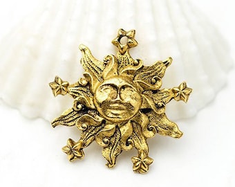 Gold Sun Charm, Sun and Stars Charm, Astrological Charm, Antique Gold Celestial Charm, 21mm, Made in USA