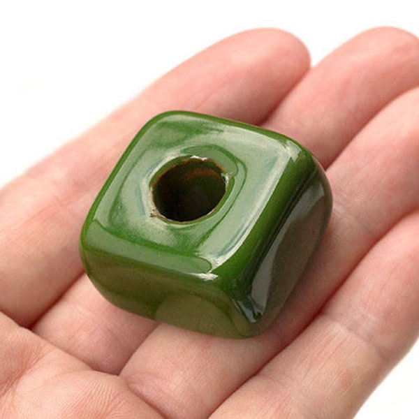 28mm Extra Large Olive Green Enamel Glazed Ceramic Square Beads, Large Hole Ceramic Focal Beads, Square Kumihimo Beads, Mykonos Greek