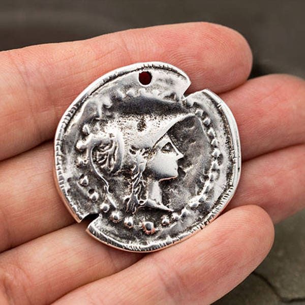 Silver Goddess Athena Pendant, Silver Coin Pendant, Replica Greek Coin, Antique Silver, 35mm, Metal Casting, Made in Greece – GP1S