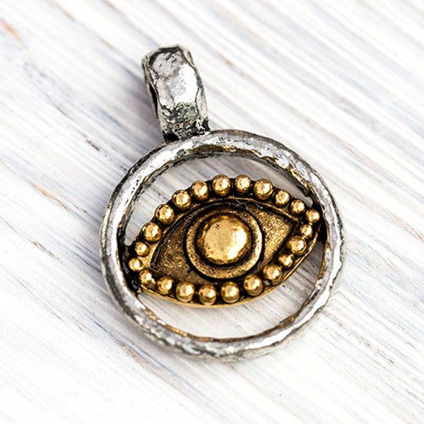 Eye In Hammered Bezel Charm, Evil Eye Pendant, Protection Amulet, Protection Charm, Antique Gold and Silver,  Made in the USA – AB72