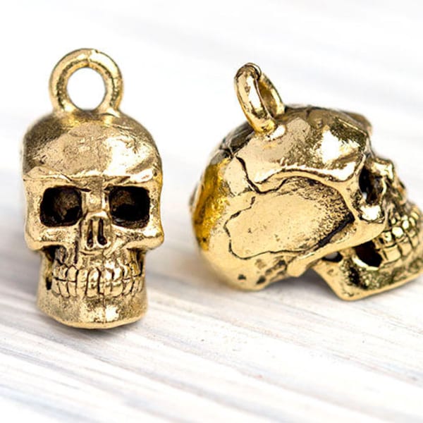 3D Skull Charm, Gold Skull Charm, Spooky Charm, Skull Pendant, Antique Gold, Made in the USA, 15x8mm