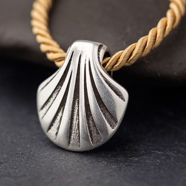 Silver Seashell Pendant, Silver Nautical, Beach Pendant, Large Hole, Fits 5mm Cords, Fine Silver Plated, 20x23mm, Made in Europe