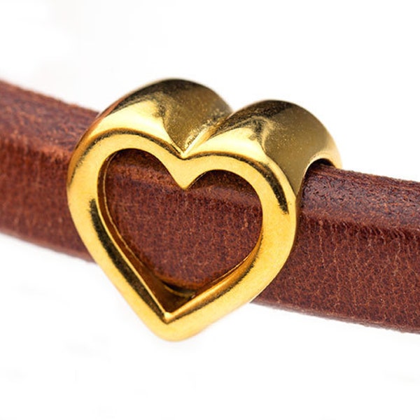 Gold Heart Slider Bead For 10x6mm Regaliz Leather Cord Bracelet, Licorice Leather Open Heart Slider, 24K Gold Plated, Made in Europe