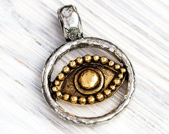 Eye In Hammered Bezel Charm, Evil Eye Pendant, Protection Amulet, Protection Charm, Antique Gold and Silver,  Made in the USA