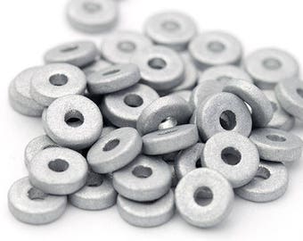 8mm Silver Ceramic Washers, Flat Round Ceramic Washer, Disk Spacers, Silver Clay Washer Beads, Mykonos Greek Ceramic Beads