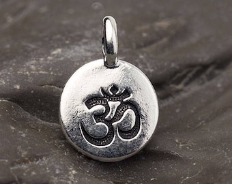 Silver Round Om Charm, Small Om Symbol Charm, TierraCast Om Charm, Meditation, Yoga, Aum Charm, Fine Silver Plated, Made in USA, 16.6mm