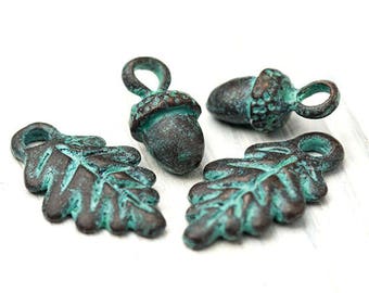 Small Rustic Acorn & Leaf Charms, Drop Charms, Small Dangle Beads, Aged Copper Nature Charms, Copper and Green Patina, Mykonos Greek – MK63