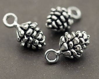 Small Silver Pine Cone Charms, Woodland Charms, Nature Forest, Small Dangle Beads, Antique Silver, Made in the USA, 15x8 mm – AB58AP