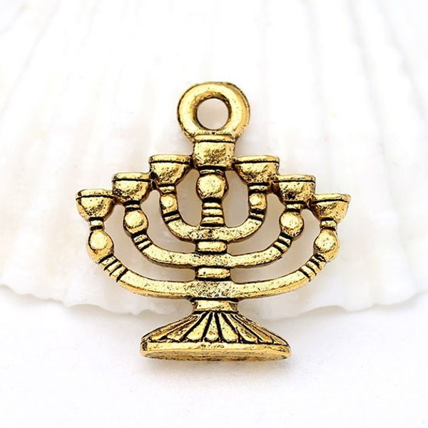 Hanukkah Menorah Charm, Antique Gold Menorah Charm, Made in USA, 15mm