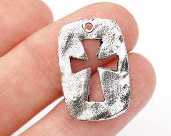 Hammered Cross Disc, Ancient Cross Charm, Christian Charm, Silver Cross Pendant, Antique Silver Cross, 23x15mm, Made in USA