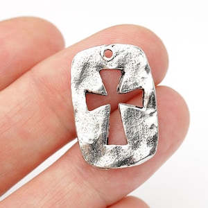 Hammered Cross Disc, Ancient Cross Charm, Christian Charm, Silver Cross Pendant, Antique Silver Cross, 23x15mm, Made in USA