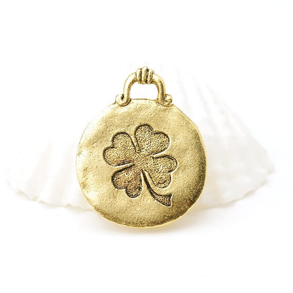 Shamrock Charm Antique Gold Shamrock Celtic Four Leaf Clover Lucky Charm, 22x17mm, Made in USA