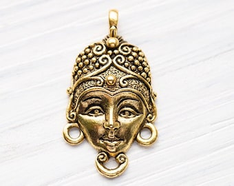 Goddess Face Connector, Gold Indian Goddess, Spiritual, Ancient Culture, Antique Gold, Made in the USA, 28x16mm
