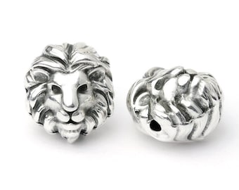 Silver Lion Head Bead, Antique Silver Lion Head Charm, Animal Bead, Fits 1.5mm Cords, Fine Silver Plated, Made in Europe, 10x12mm