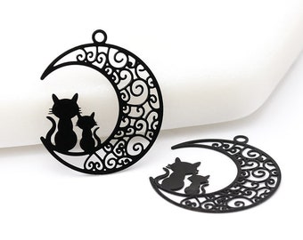 Cats Sitting on The Moon Black Filigree Earring Charms, Black Cat Charm, Sweet Kitties Ultralight Drop Charms, Laser Cut, 24mm – GN108