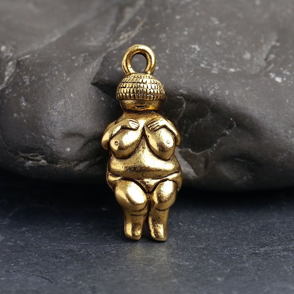 Gold Venus Charm, Woman of Willendorf Charm, 3D Venus of Willendorf Goddess, Fertility Goddess, Antique Gold Venus, Made in USA, 24mm